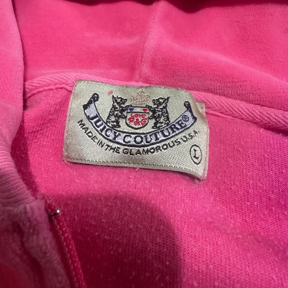 Vintage Juicy Couture Pink Velour Zip Up Hoodie Y2K Cropped Jacket Large '02-'05 - Picture 3 of 10
